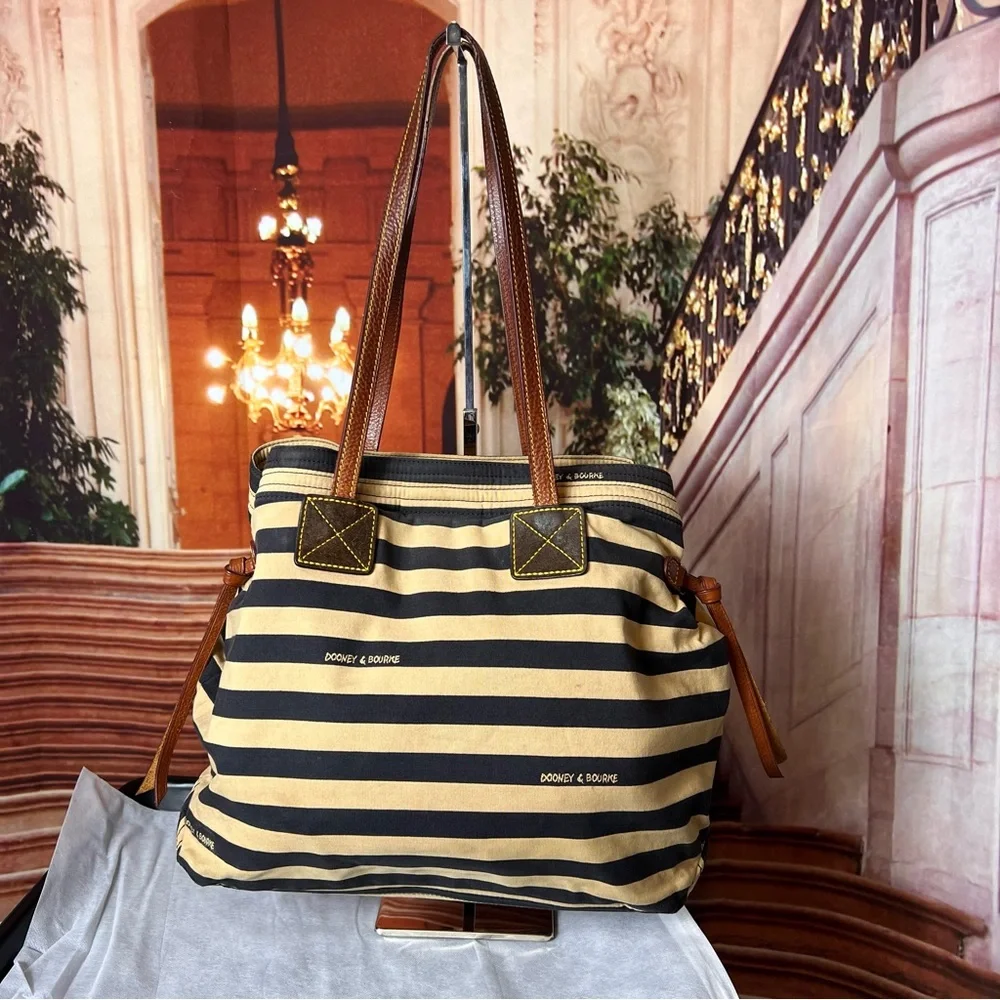 Dooney & Bourke Brown and Tan Striped Tote Bag with Leather Handles and Trim - Picture 15 of 15